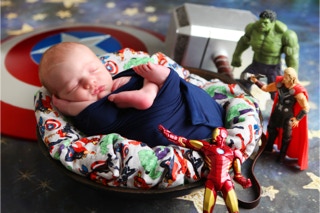 Newborn photo with Thor Marvel props by Jayne Poole Photography North Devon